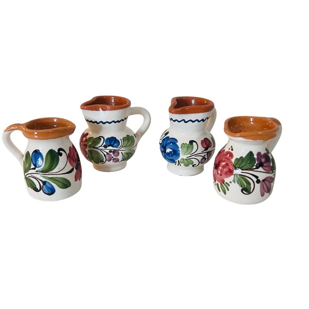 VTG Hungarian Miniature Hand Painted Glazed Pottery Souvenir Pitchers Set of 4